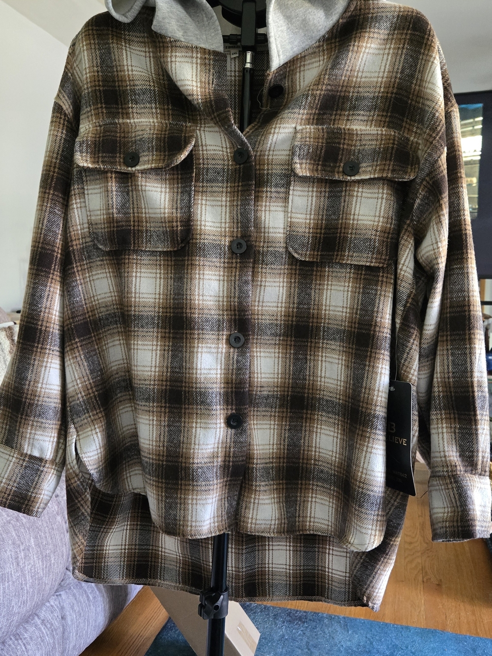 Plaid Utility Shacket with Hooded Layer - Brown/Cream